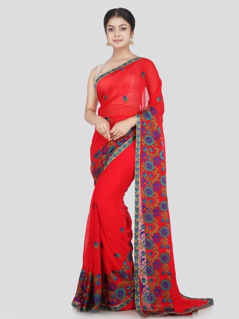 

PinkLoom Women Red & Blue Floral Pure Chiffon Saree