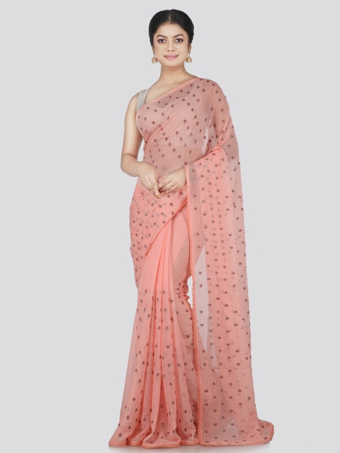 

PinkLoom Pink & Green Floral Pure Chiffon Saree