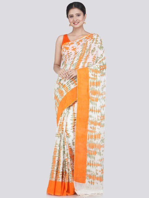

PinkLoom White & Orange Pure Cotton Saree