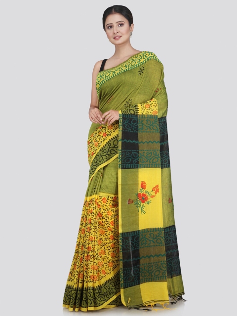 

PinkLoom Yellow & Green Floral Pure Cotton Saree