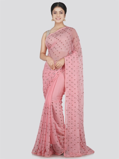 

PinkLoom Pink Floral Beads and Stones Pure Chiffon Saree