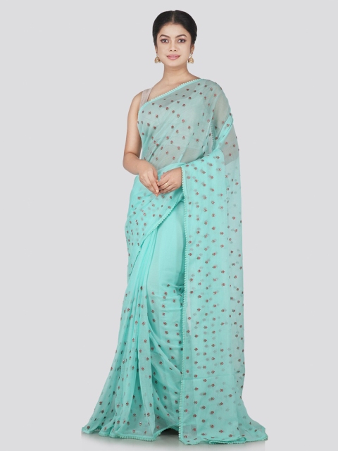 

PinkLoom Turquoise Blue & Pink Floral Embroidered Pure Chiffon Saree