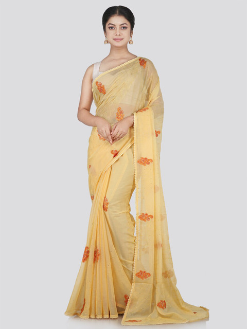 

PinkLoom Yellow & Orange Floral Beads and Stones Pure Chiffon Saree