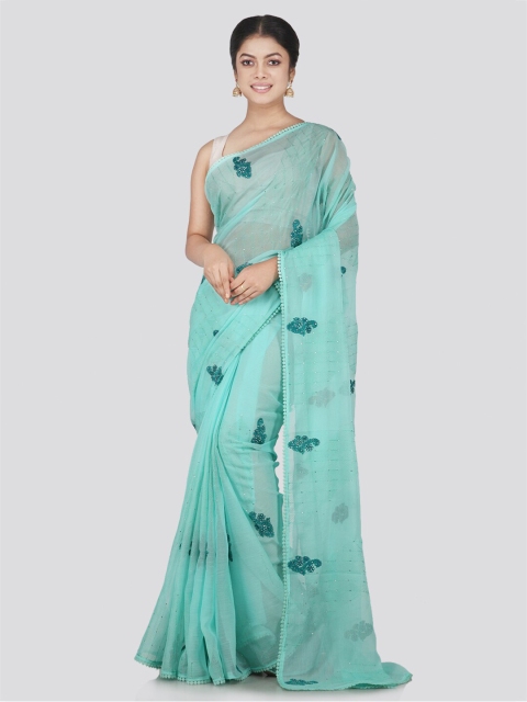 

PinkLoom Turquoise Blue Floral Beads and Stones Pure Chiffon Saree