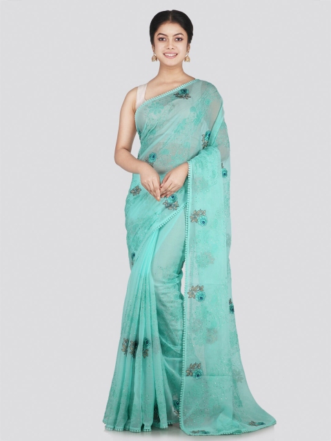 

PinkLoom Women Sea Green & Peach-Coloured Floral Beads and Stones Pure Chiffon Saree