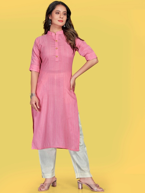 

Fashion FRICKS Women Pink & Off White Pure Cotton Kurta with Trousers