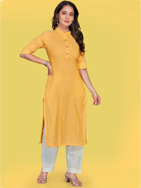 

Fashion FRICKS Women Yellow Pleated Pure Cotton Kurti with Pyjamas