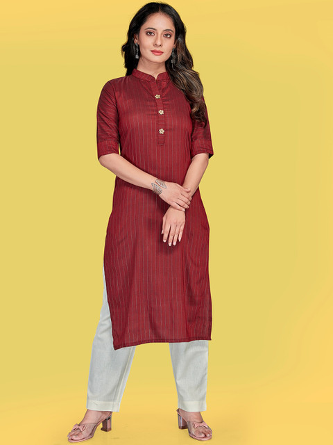 

Fashion FRICKS Women Maroon & Grey Striped Pure Cotton Kurta with Trousers