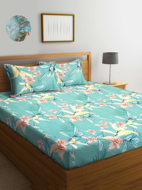 

KLOTTHE Green & Yellow Floral 300 TC King Bedsheet with 2 Pillow Covers