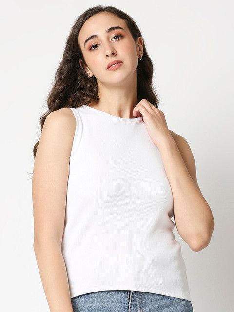 

Manaca Women Solid Round neckWhite Top, White