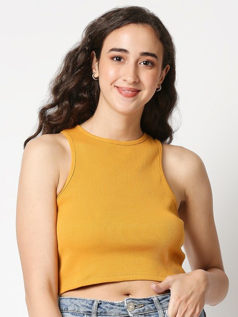 

Manaca Yellow Solid Round Neck Sleeveless Cotton Crop Top