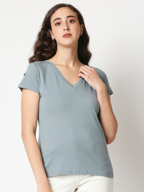 

Manaca Women Solid V Neck Half Sleeves Cotton Light Blue Top