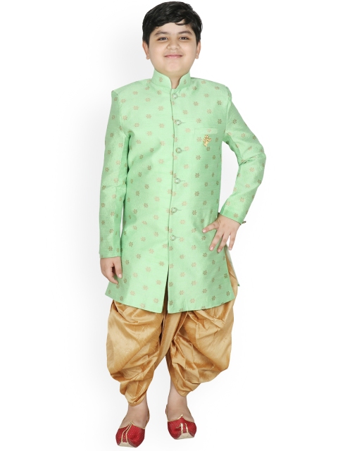 

SG YUVRAJ Boys Sea Green Coloured & Golden Printed Sherwani With Dhoti Set