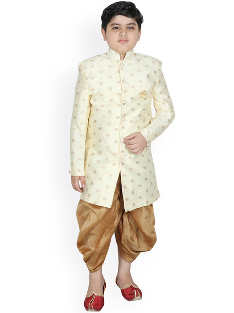 

SG YUVRAJ Boys Cream-Coloured & Beige Woven Design Sherwani With Dhoti Pants