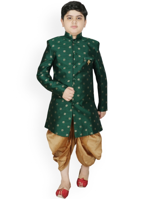 

SG YUVRAJ Boys Green & Golden Printed Sherwani With Dhoti Set