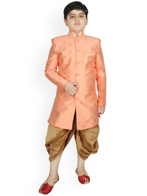 

SG YUVRAJ Boys Peach-Colored and Beige Printed Sherwani with Dhoti Pants