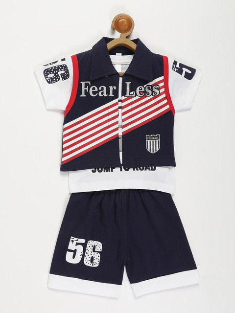 

V2 Value & Variety Boys Navy Blue & White Printed T-shirt with Shorts 7 with Waist-Coat