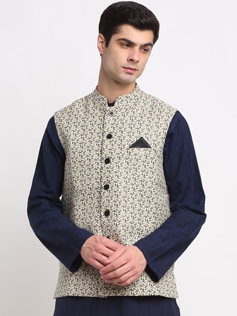 

NEUDIS Men Beige & Black Woven Design Jacquard Dupion Silk Nehru Jacket