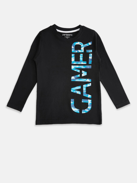 

Pantaloons Junior Boys Black Typography Printed Henley Neck Applique T-shirt