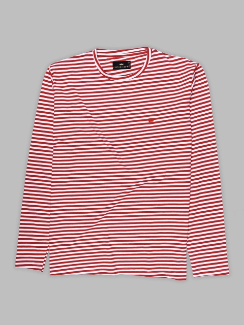 

FRENCH CROWN Men Red Striped Mandarin Collar Extended Sleeves T-shirt
