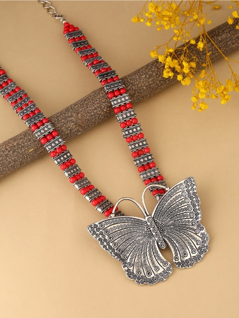 

kashwini Silver-Toned & Red Brass Silver-Plated Necklace