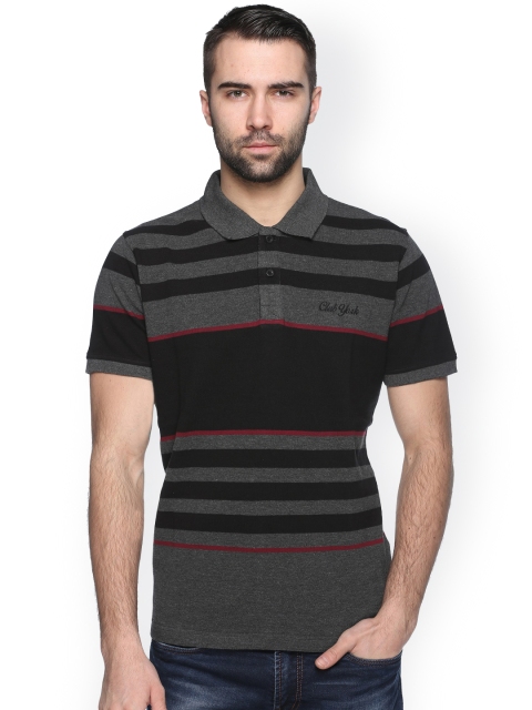 

Club York Men Charcoal Grey & Black Striped Polo Collar T-shirt