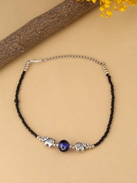 

kashwini Silver-Plated Silver Toned Blue Beaded Evil Eye Anklet