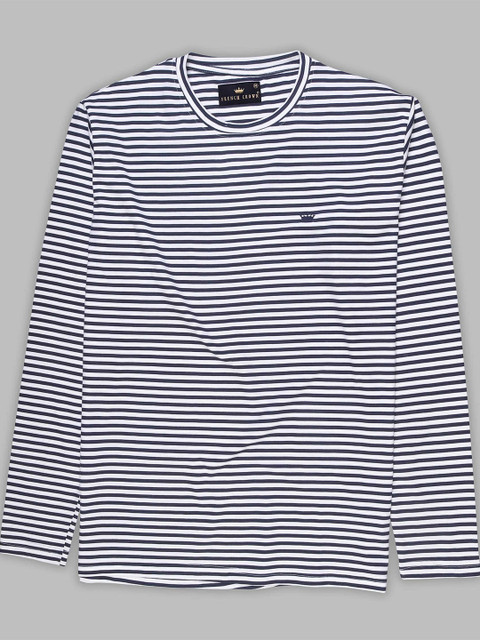 

FRENCH CROWN Men Blue Striped Mandarin Collar Monochrome T-shirt