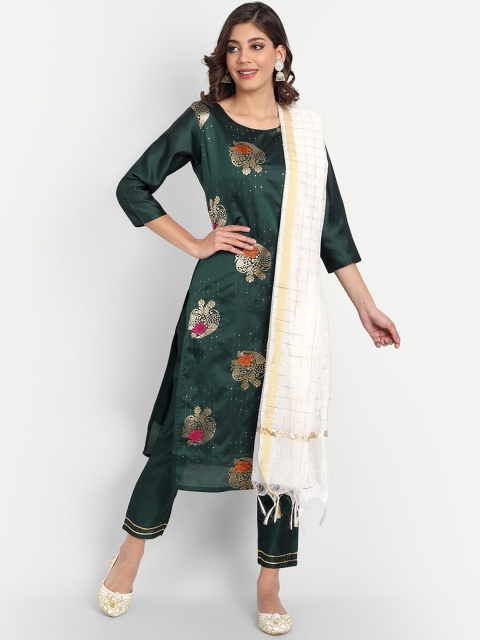 

VredeVogel Women Green Embroidered Layered Kurti with Trousers & With Dupatta