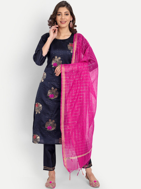 

VredeVogel Women Navy Blue Ethnic Motifs Embroidered Kurta with Trousers & With Dupatta