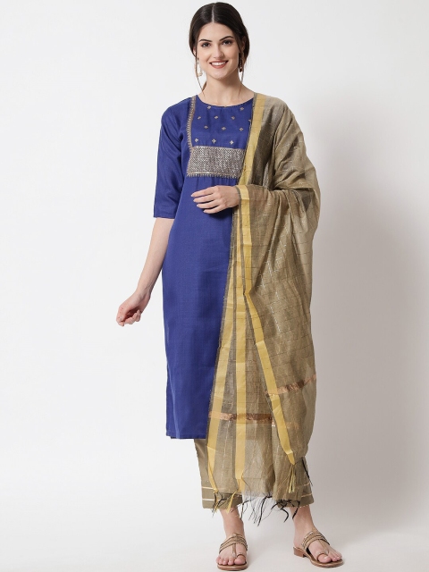 

VredeVogel Women Blue Yoke Design Sequinned Kurta with Trousers & With Dupatta