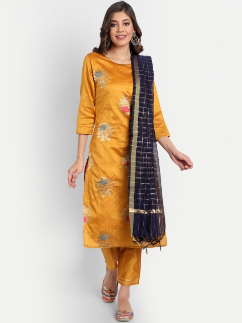 

VredeVogel Women Yellow Embroidered Empire Kurti with Trousers & With Dupatta