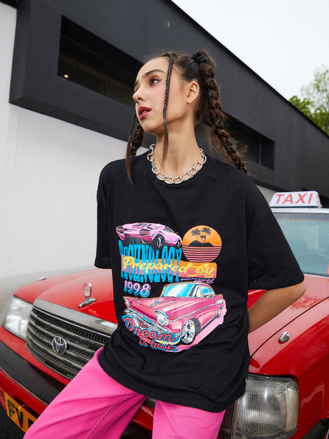 

URBANIC Women Black Typography Printed V-Neck Applique T-shirt