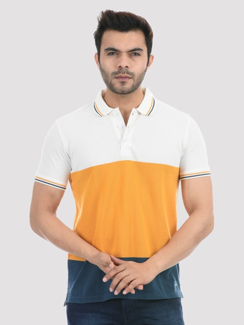 

ONEWAY Men Yellow & Off White Colourblocked Cotton Polo Collar T-shirt