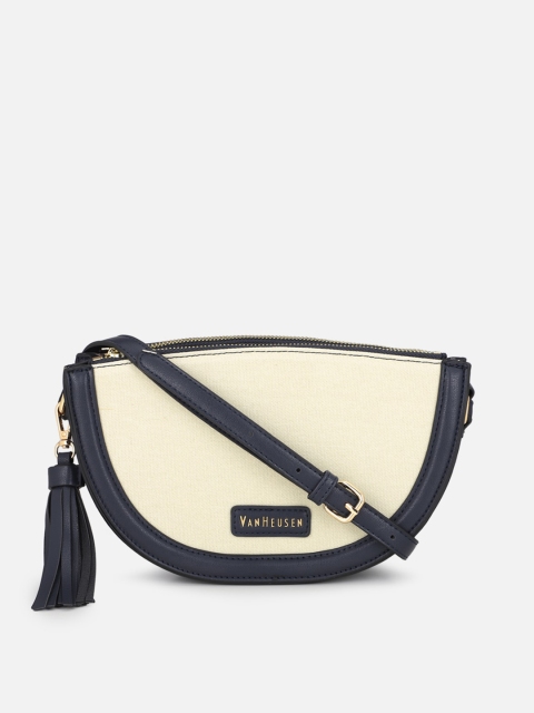 

Van Heusen Woman Cream-Coloured & Navy Blue Colourblocked PU Half Moon Sling Bag