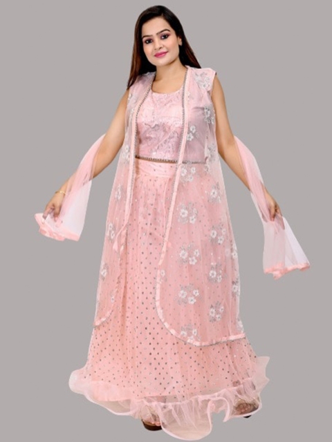 

FNOCKS Peach-Coloured & Silver-Toned Ready to Wear Lehenga & Blouse With Dupatta