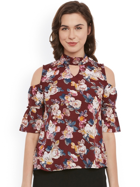 

Belle Fille Women Maroon Floral Print Cold-Shoulder Top