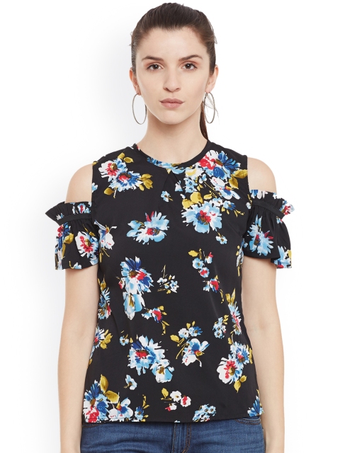 

Belle Fille Women Black Floral Print Cold-Shoulder Top
