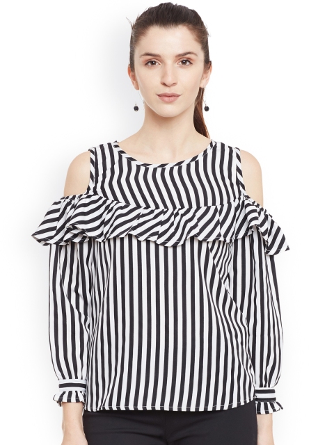 

Belle Fille Women Black & White Striped Cold Shoulder Top