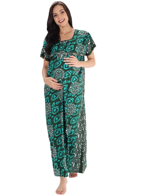 

Shararat Women's Green Printed Maternity Feeding Maxi Nightdress