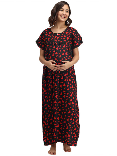 

Shararat Women's Cotton Maternity Feeding Red Printed Maxi Nightdress