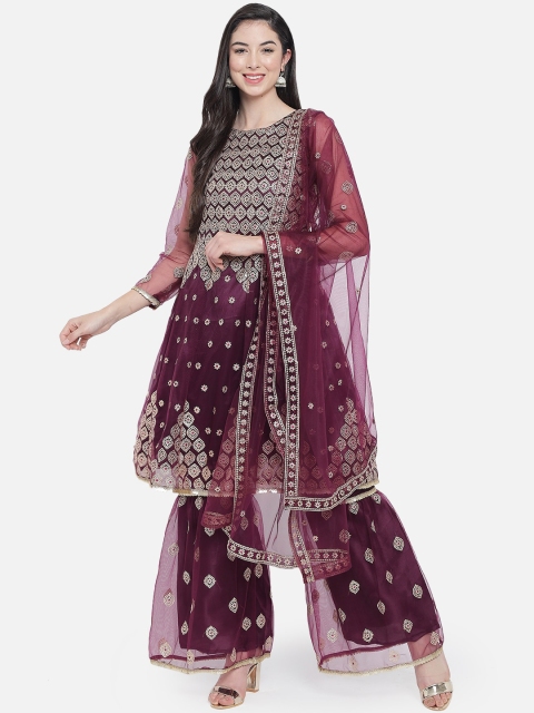 

Fabcartz Women Purple Ethnic Motifs Embroidered Kurta with Sharara & Dupatta