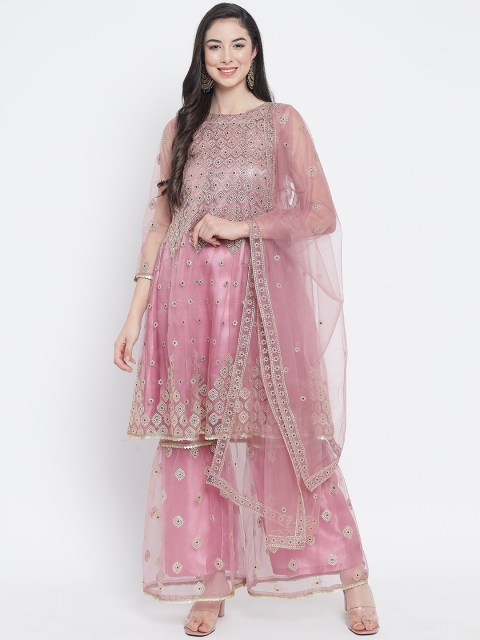 

Fabcartz Women Peach-Coloured Floral Embroidered Kurta with Sharara & Dupatta