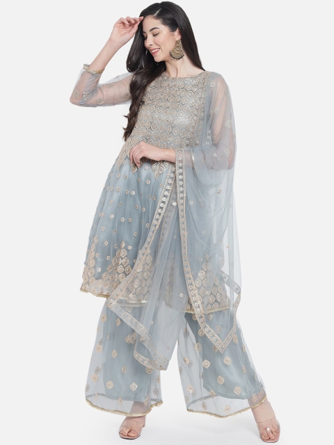 

Fabcartz Women Grey Ethnic Motifs Embroidered Kurta with Sharara & With Dupatta