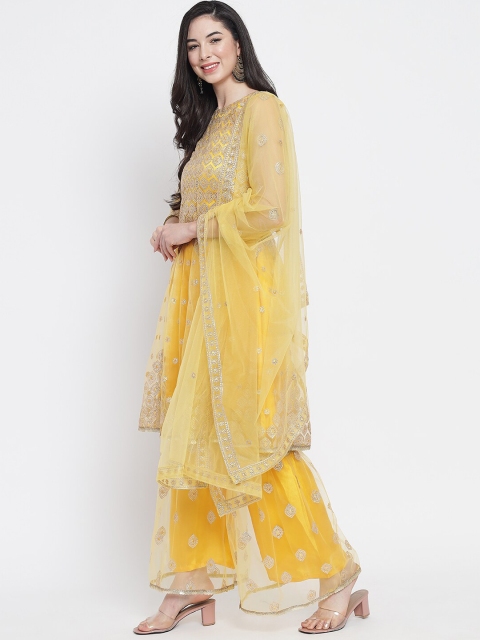 

Fabcartz Women Yellow Floral Embroidered Kurti with Palazzos & With Dupatta