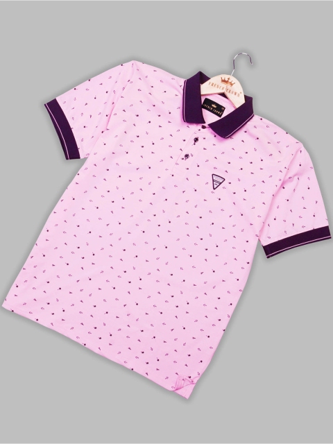 

FRENCH CROWN Men Pink Printed Polo Collar Cotton T-shirt