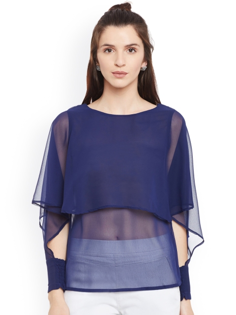 

Belle Fille Women Blue Solid Semi-Sheer Cape Top