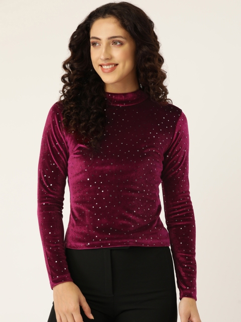 

Madame Burgundy Embellished Mandarin Collar Velvet Top