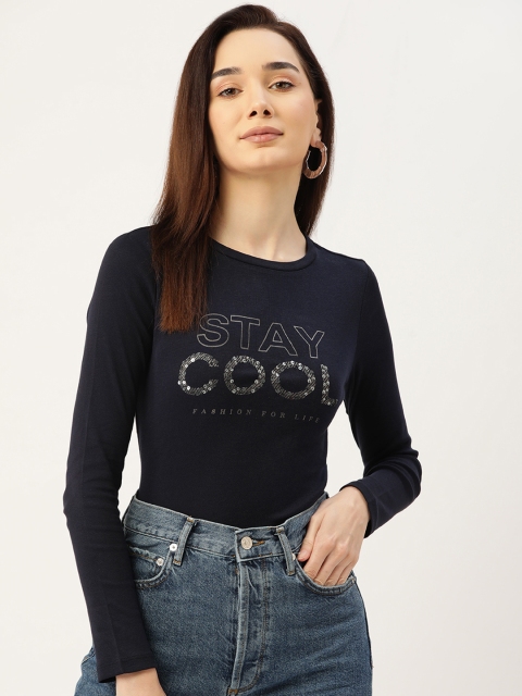 

Madame Navy Blue Typography Printed Sequinned Top