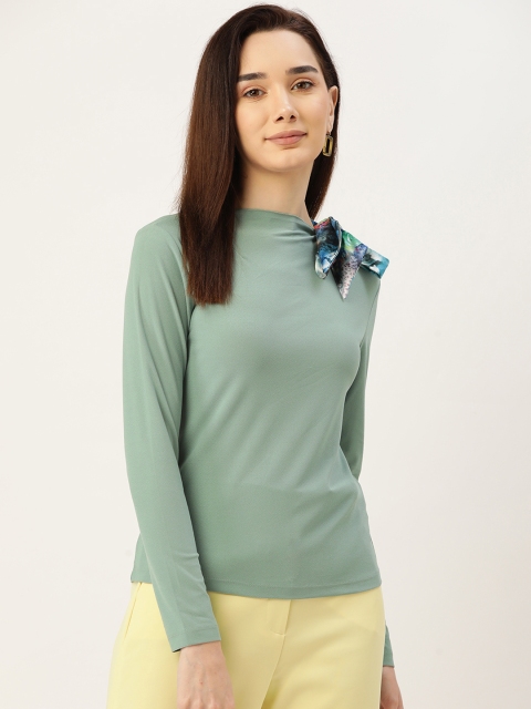 

Madame Women Green Solid Tie-Up Neck Top